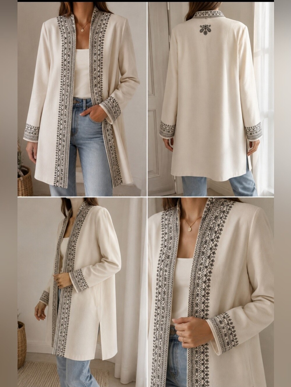 Solitaire Ivory Open Jacket with Black Floral Embroidery
